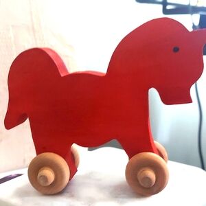 Scandinavian Painted Wooden Red Rolling Horse Baby bedroom nursery Decor
